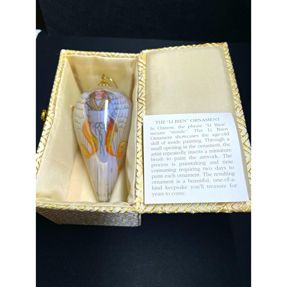 Vintage 2002 Li Bien Painted inside Glass Angel Xmas Ornament in Original Box